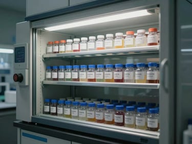 Stability test chamber interior with rows of labelled product vials on metal shelves, cool fluorescent lighting, clean and ordered laboratory environment
