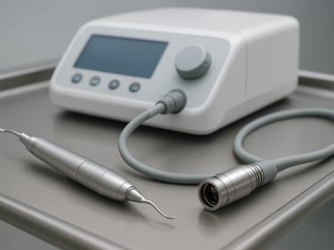 Dental surgical motor unit and piezoelectric handpiece laid out on a sterile instrument tray, bright clinical lighting, focus on the handpiece connector and cable, neutral background