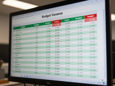 Macro shot of monitor displaying a budget variance table with green and red delta columns, rows of account names and figures, ambient overhead office light, no hands, screen fills frame
