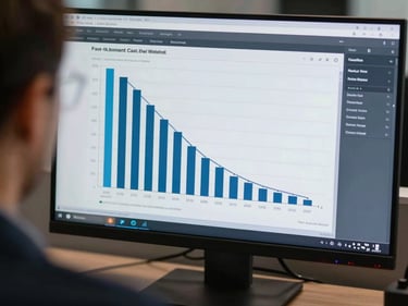 Over-the-shoulder tight crop of a monitor screen showing a cash flow waterfall chart with monthly columns and net position line, cool even office lighting, no person visible, data labels sharp