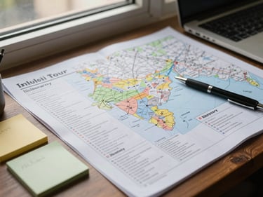 Close-up of a printed multi-day India tour itinerary spread on a desk alongside a map, natural daylight from a side window, planning context visible — pens, sticky notes, a laptop edge
