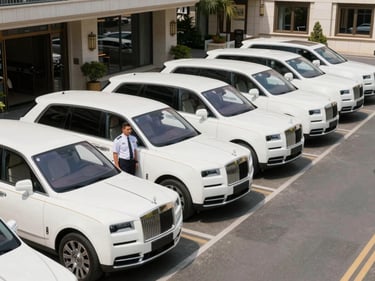 A row of clean white luxury coaches parked at a hotel porte-cochère in daylight, drivers in uniform standing beside vehicles, wide environmental shot showing fleet scale and operational readiness
