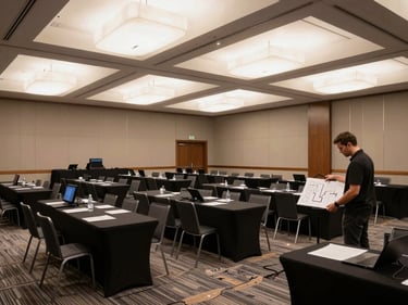 Wide environmental shot of a conference ballroom mid-setup — banquet tables being arranged, audio-visual equipment being tested, bright overhead lighting, event coordinator reviewing a floor plan, no attendees present yet