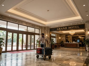 Grand hotel entrance lobby in India — a bellhop with luggage trolley, high ceilings, marble floors, daylight entering from glass doors, wide environmental framing showing property quality