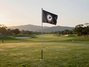 Event sponsor flag planted beside a golf hole marker on a green, late afternoon golden hour light, gorge ridgeline visible in distance
