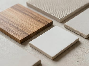 Flat lay close-up of material samples — wood grain swatch, woven fabric, matte paint chip, and ceramic tile fragment — arranged on a pale stone surface under diffused daylight