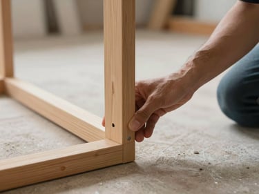Medium shot of a hand placing a furniture leg fitting onto a wooden frame during installation, workshop natural light, showing craft detail and final assembly stage, no faces