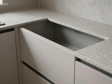 Close-up of a modular kitchen layout under diffused natural light, showing clean cabinetry lines and matte stone countertop texture, no people