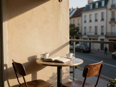 Sunlit European apartment terrace with a small bistro table and two chairs, morning coffee cups, a paperback book face-down, warm plaster wall behind, quiet residential street below