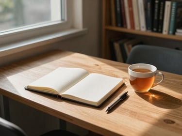 Student desk in a compact European apartment, open notebook and a pen beside a cup of tea, afternoon daylight from a side window casting a long shadow across wooden surface, bookshelves in the background