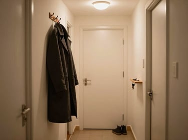 Interior of a lived-in apartment hallway, a coat on a hook, a pair of shoes by the door, keys on a small shelf, warm incandescent light, the feeling of a place someone has returned to many times