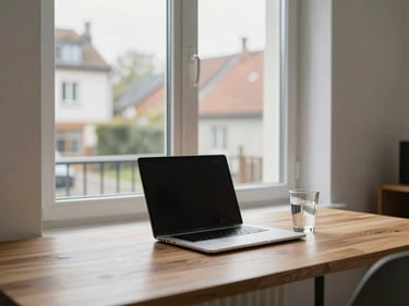 Home office corner in a bright European apartment, a closed laptop on a clean wooden desk, a glass of water beside it, large window showing a quiet residential courtyard, no clutter, north-facing daylight