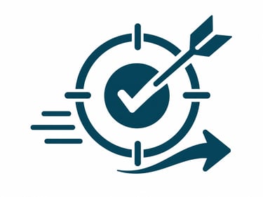 A blue goal target icon with an arrow hitting the bullseye and a checkmark for business success.