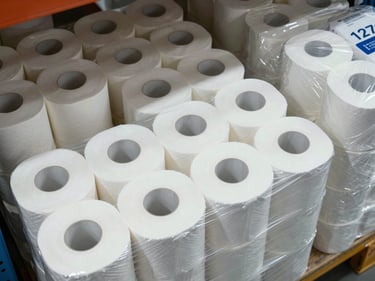 Overhead angled shot of stacked bulk toilet paper rolls in plastic-wrapped packs arranged on a warehouse shelf, cool warehouse lighting, organized rows of 4-roll, 6-roll, and 12-roll packs visible