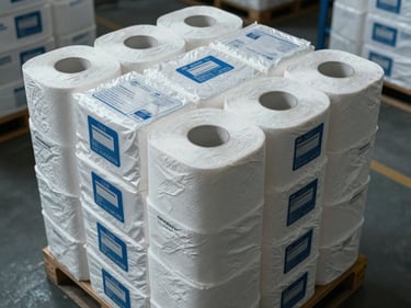 Overhead documentary shot of folded and rolled paper towel cases stacked on a warehouse floor, organized by case size, cool industrial lighting from above, product labels facing forward