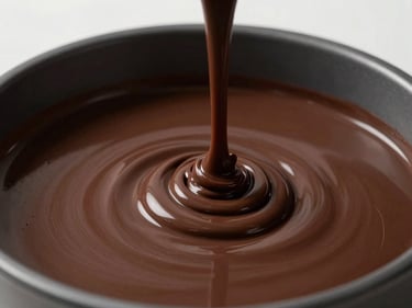 Close-up studio shot of poured cocoa liquor setting in a shallow mold, surface catching a single strobe from the side — deep chocolate-black mass with a visible sheen, no additional props or styling