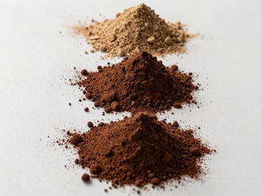 Flat overhead of three small piles of cocoa powder in ascending darkness from natural to heavily alkalized grade, arranged on a white ceramic surface under diffused studio strobe — color gradation from warm tan to near-black, fine dust texture visible