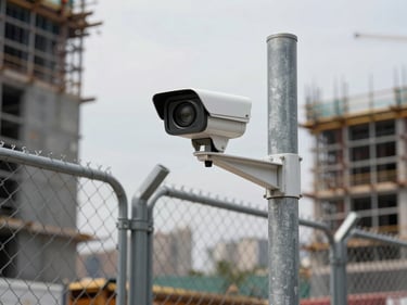CCTV camera mounted on a steel pole at a construction site perimeter, overcast daylight, chain-link fence and scaffolding visible in background, documentary framing