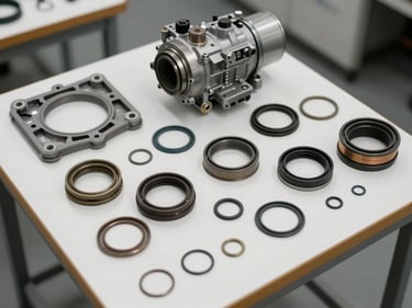 Tight overhead shot of compressor seal kits and o-ring sets laid out on a white bench surface, labeled components visible, clean diffused studio lighting