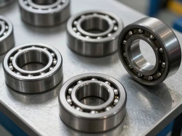 Close-up overhead shot of precision compressor bearings and races arranged on a clean steel-gray bench, sharp detail on race geometry and surface finish, even north-facing daylight
