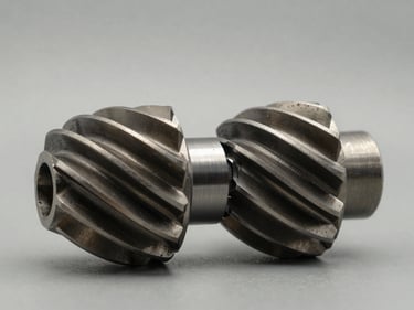 Macro shot of twin screw rotors side by side on a neutral workshop surface, even studio lighting, sharp machined helical profile detail visible