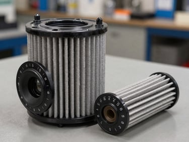 Close-up of an air-oil separator filter element and inline filter cartridge on a neutral shop bench, even strobe lighting, filter media texture and end-cap markings clearly visible