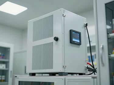 SmartVoolt high-capacity stabilizer bank installed in industrial electrical room, bright overhead lighting, visible cable connections and digital monitoring panel, clinical documentation angle