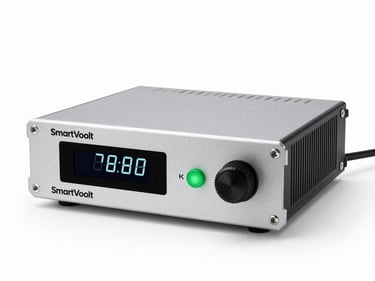 SmartVoolt compact stabilizer unit, front view, studio white background, bright clinical lighting, digital voltage display panel visible, green status indicator lit