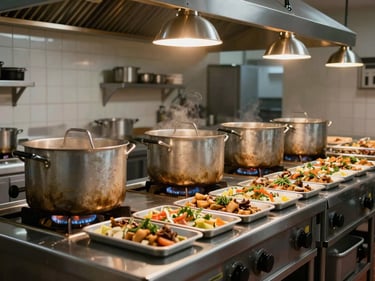 Wide shot of a catering prep kitchen: large stockpots on industrial burners, organized trays of portioned food ready for transport, warm tungsten overhead lighting, no staff visible — stillness and readiness