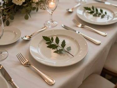 Close-up overhead of a formal wedding reception table setting: white linen, polished silverware, cream-toned ceramic plates with a sprig of greenery, warm tungsten ambient light, no people
