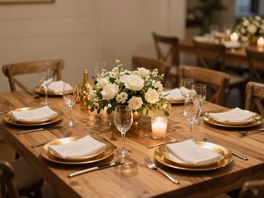 Wide shot of an elegantly set engagement celebration table, warm tungsten lighting, gold-toned service ware and floral arrangements, organized and unhurried atmosphere