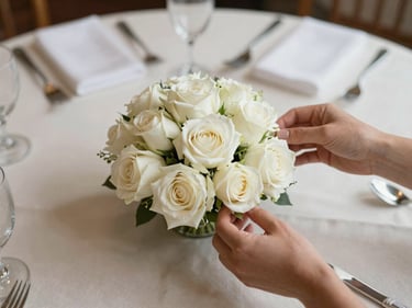Close-up overhead of hands arranging white rose centerpieces on a round wedding table, cream linens, polished cutlery, soft north-facing daylight, shallow depth of field