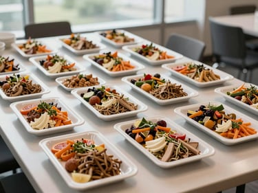 Overhead view of a corporate lunch buffet in a conference facility, clean rectangular platters arranged in precise rows, soft diffused daylight from large windows, no clutter