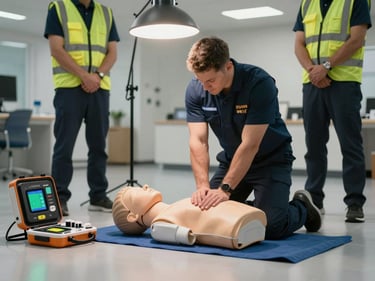 Brigade member practicing CPR on a training mannequin placed on a facility floor, defibrillator open beside them, overhead working light, two observers in safety vests watching