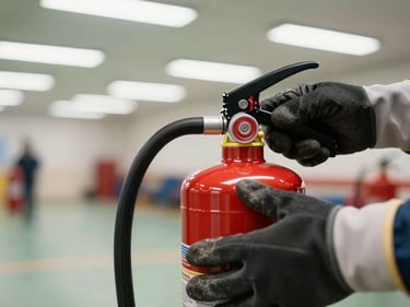 Close-up of gloved hands gripping a dry-powder fire extinguisher nozzle during a controlled training exercise, fluorescent light overhead, blurred facility floor in background