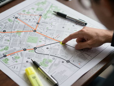 Overhead view of an evacuation route map spread on a table, a trainer's hand pointing to an assembly point marker, pen and highlighter beside the document under daylight