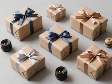 Flat-lay of wrapped gift boxes, ribbons and small accessories arranged on a neutral grey surface, bright daylight from the side, clean composition, no people