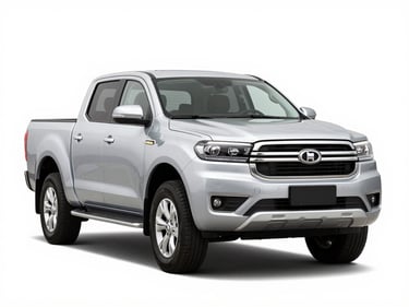 Crisp automotive product photography of a modern silver pickup truck, front three-quarter view, bright high-key studio light, clean white background, sharp focus, 35mm
