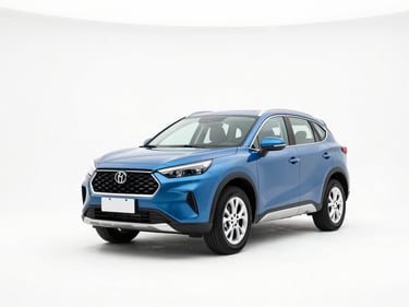 Crisp automotive product photography of a modern blue crossover, front three-quarter view, bright high-key studio light, clean white background, sharp focus, 35mm