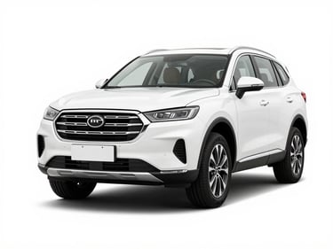 Crisp automotive product photography of a modern white SUV, front three-quarter view, bright high-key studio light, clean white background, sharp focus, 35mm