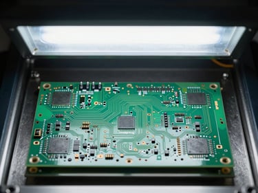 Close-up overhead view of a PCB panel inside an exposure unit, UV lamp pins and base visible at frame top, cool diffuse light illuminating circuit board trace geometry, dark metal chassis surround