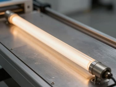 Tight side-angle shot of a UV curing conveyor lamp housing, quartz tube glowing under controlled cool studio light, metal reflector housing in background, industrial setting with clean neutral tones