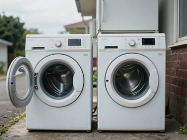 Wide shot of an old washing machine and refrigerator side by side on a driveway, overcast daylight, no people