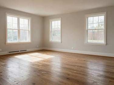 Wide shot of a freshly cleared living room after an estate cleanout, empty floor, natural daylight through windows, no furniture remaining
