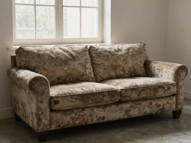 Close environmental shot of a worn upholstered sofa in an empty room, natural window light, no people, ready for removal