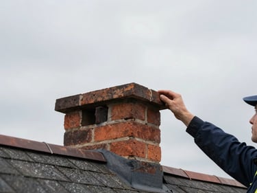 Wide environmental shot of a chimney cap being lowered onto a brick chimney stack on a rooftop, technician's hands visible steadying the cap, overcast natural daylight, roof shingles visible in the lower frame