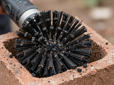 Close-up of a stiff wire chimney brush head loaded with black creosote flakes, bristles spread mid-stroke inside a clay flue tile, natural on-site daylight, macro framing