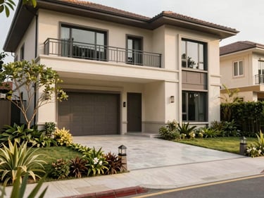 The Enclave Alabang, modern luxury home exterior, lush private garden, architectural design, natural daylight, warm editorial photography