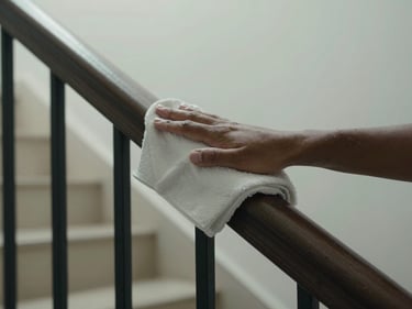 Close-up of hands wiping a staircase handrail in a residential community building, natural indoor light, documentary framing