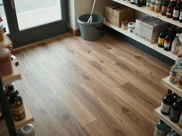 Overhead shot of a cleaned retail shop floor in a small Vizcaya storefront, shelving visible at the edges, daylight from the shopfront window, mop bucket in the corner